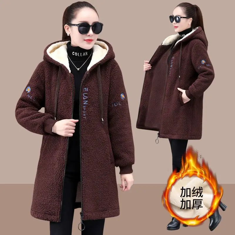 Women\'s Lamb Wool Coat 2024 New Winter Plus Velvet Cotton Jacket Loose Mid-length Female Hooded Overcoat