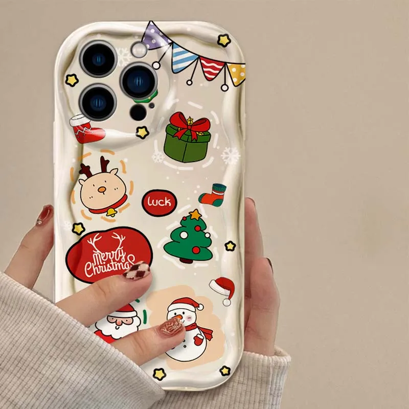 Cute Father Christmas Tree 3D Wave Case For iPhone 16 15 14 13 12 11 Pro Max X XR XS 8 7 Plus SE 2020 Shockproof Silicone Cover