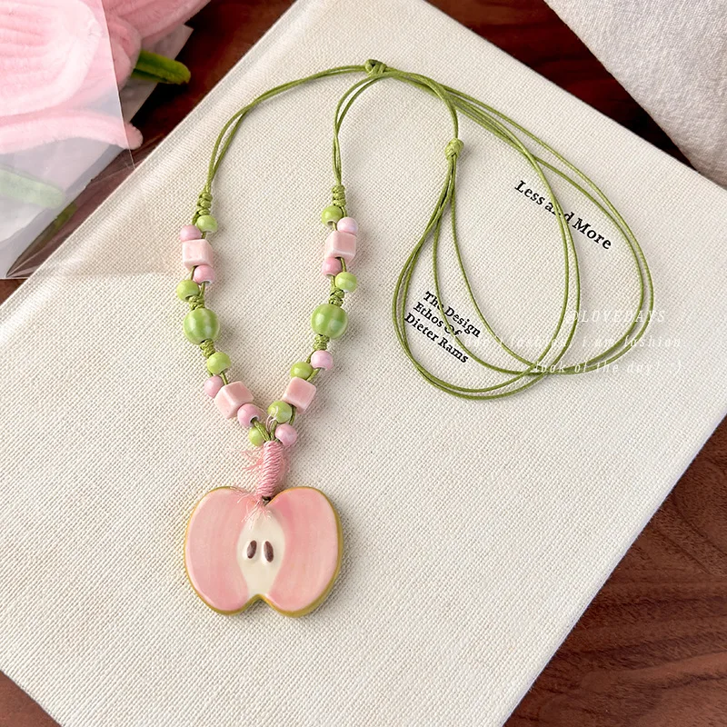 Ceramic Apple Long Sweater Chain Summer Fresh Beach Vacation Collarbone Necklace Hanging Pendant for Women