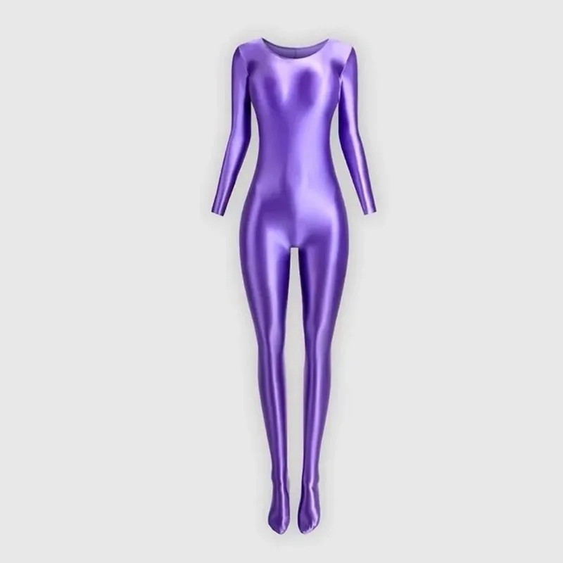 

Couple's Glossy Silky Round Neck Long Sleeve Leotards Playsuit Yoga Sports One Piece Open Crotch Jumpsuits Sissy Zentai Catsuit