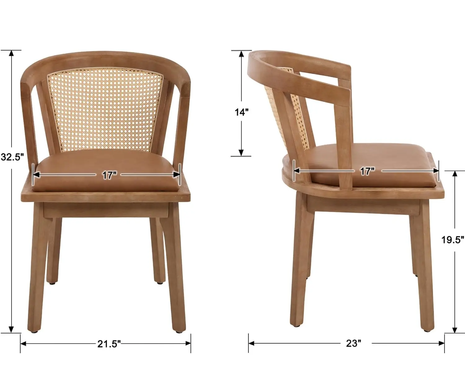Rattan Mid Century Dining Chairs Set of 2 Modern Farmhouse Wooden Dining Room Chairs with Cane Curved Back Leather, Customized