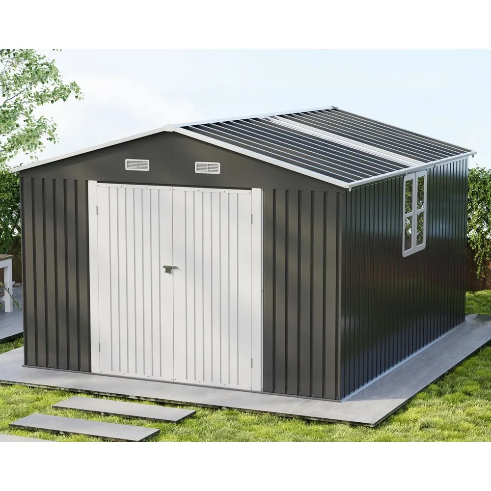 

10x12x7 FT Outdoor Storage Shed with 2 Transparent Panels, Metal Garden Shed with Hinged Double Doors, 2 Windows