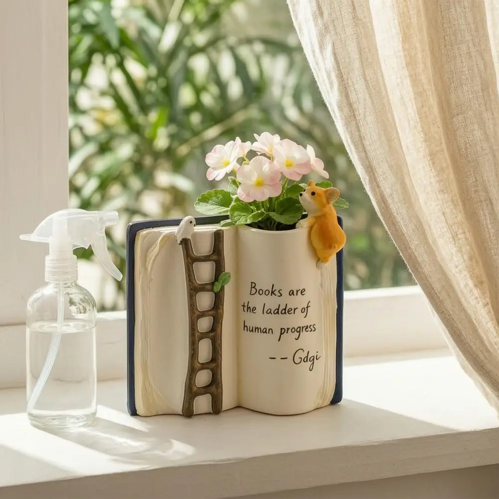 Artistic Reading Lover Gift Book Shape Flower Pot Book Shaped Flower Pot with Ladder Puppy Bird Design Planter Decorative Desk