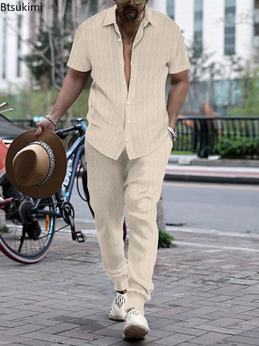 Men's Summer 2PCS Sets Jacquard Striped Short Sleeve Shirts and Shorts Men Casual Holiday Beach Wear Pants Suits Shirts Sets New view 3