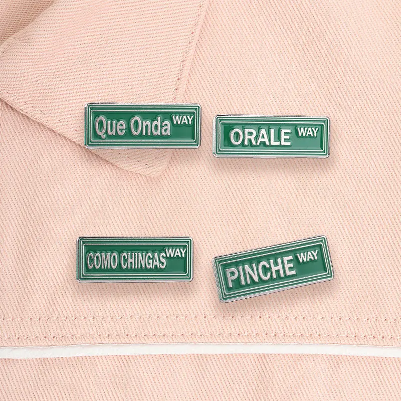 Spanish road sign text badges, Mexican slang street sign-shaped pins, accessories for clothing and bags, gifts for friends