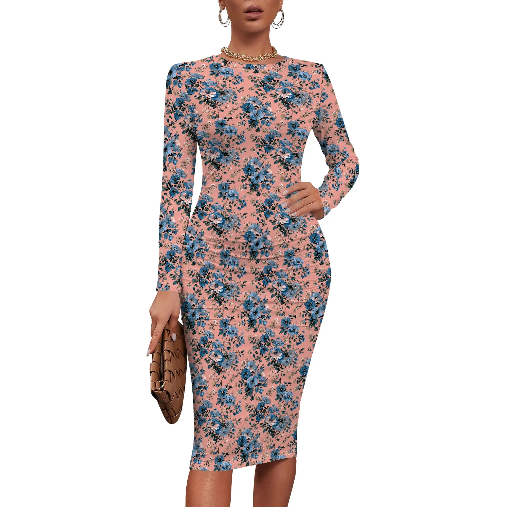 Vestido midi sexy de manga comprida para mulheres, saia transparente estampada, gola redonda através bodycon clubwear