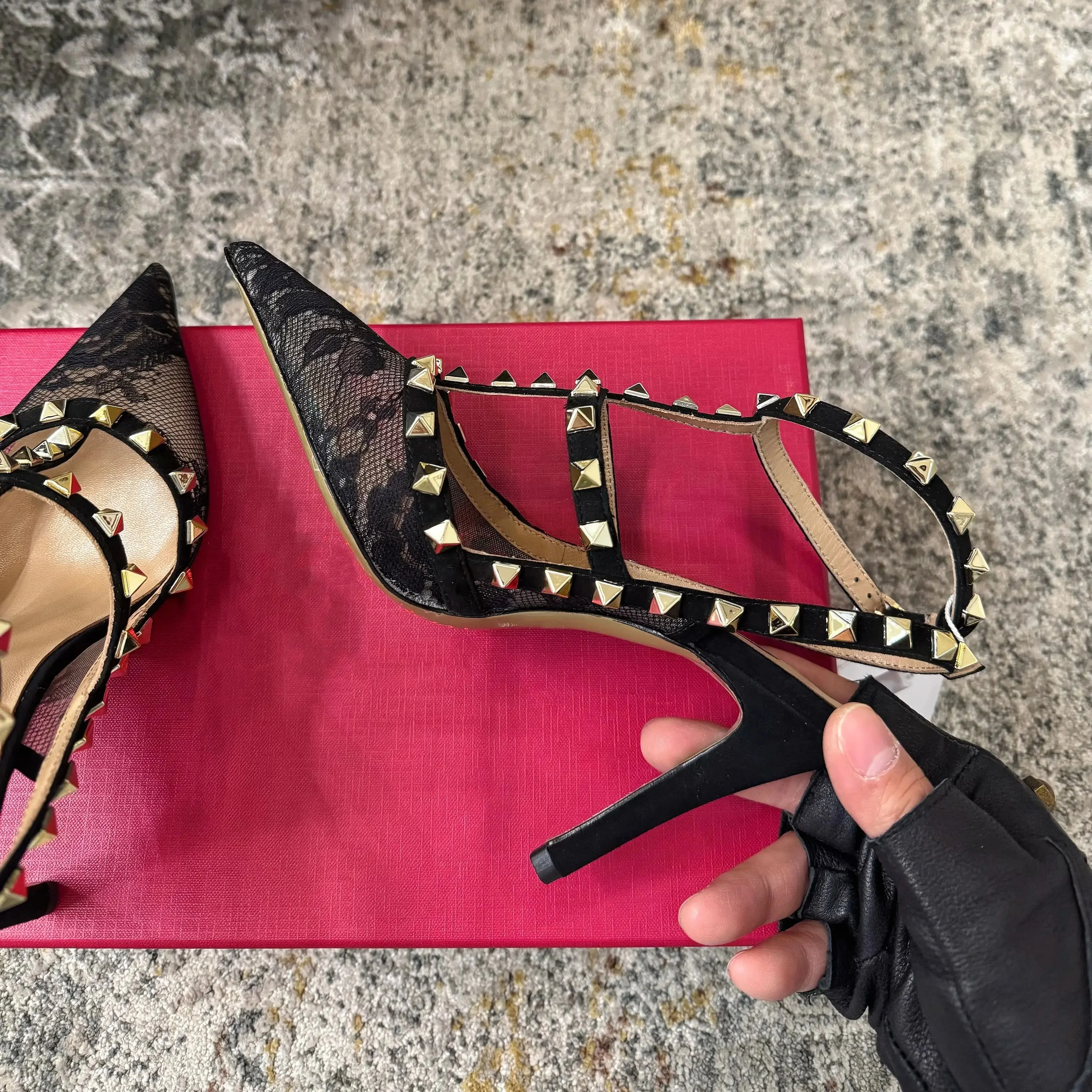 Shoes Women JP GPBD Lace Embroider Genuine Leather Pumps Super High Heels Rivet Pointed Toe Designer Shoes Zapatos De Mujer