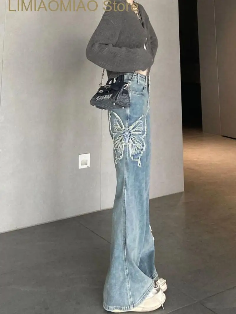 New Flare Jeans High Waist Wide Leg Women Butterfly Embroidery Pants Denim Zipper Fly Ankle Length Pantalones Vintage