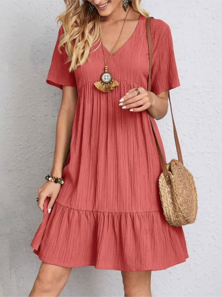 

Summer Solid Dress Women Casual V Neck Short Sleeve Ruffles Loose A Line Mini Dress Elegant Beach Party Vestidos Street For Lady