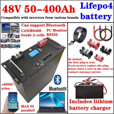 PP 51.2V 10KWh Solar Battery 48v 200AH LiFePO4 50AH 100AH 150AH 300Ah 400Ah RS485/RS232/CAN Max 32 Parallel for Off Grid PV