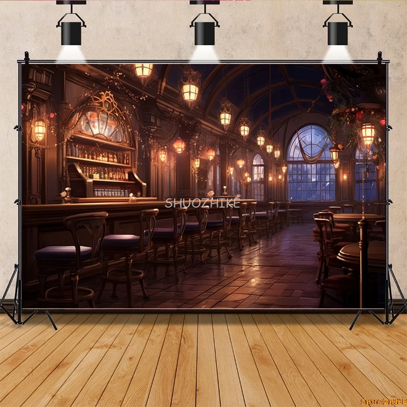 Antique library Old Tavern Barista Coffee Shop Bar Photography Backdrop Warm Medieval Inn Fantasy Photo Studio Background JG-03
