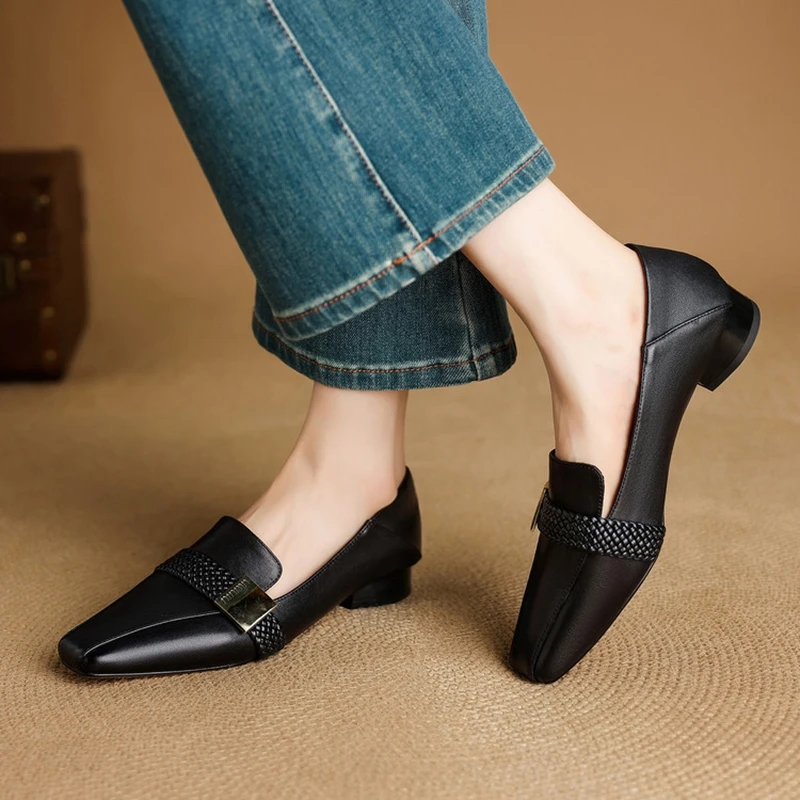 Women's new genuine leather cowhide woven metal belt buckle, mid heel square toe retro casual shoes, fashion single shoes