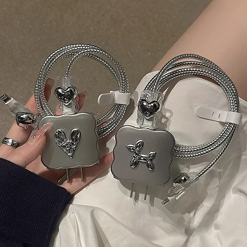 Cartoon Cute Electroplating Dog Charger Cover For IPhone 11 12 13 14 15 18/20W Charge Love Heart Protection Cover Charger Sleeve