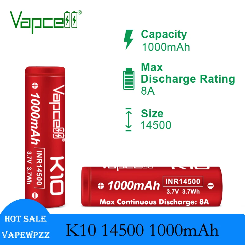 

1-20PCS Original Vapcell K10 14500 1000mAh lithium battery 3.7V 8A INR14500 Rechargable Batteries For Flashlight 3.7WH Cell