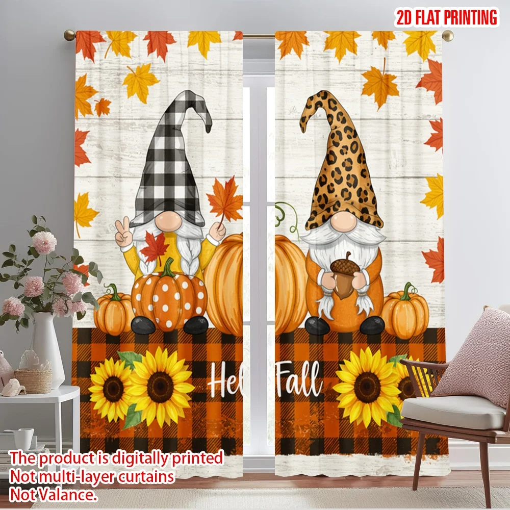 

2pcs 2D flat printing Window Curtains Hello Fall Gnomes Pumpkins Polyester Without Electricity Birthday Party Perfect for Home &