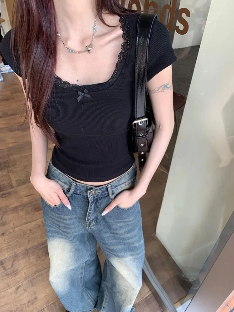 تي شيرت على الطراز الكوري برقبة مربعة وأكمام صغيرة للنساء في الصيف، قميص فتاة حار أنيق وأنيق من الدانتيل بنمط BM #1