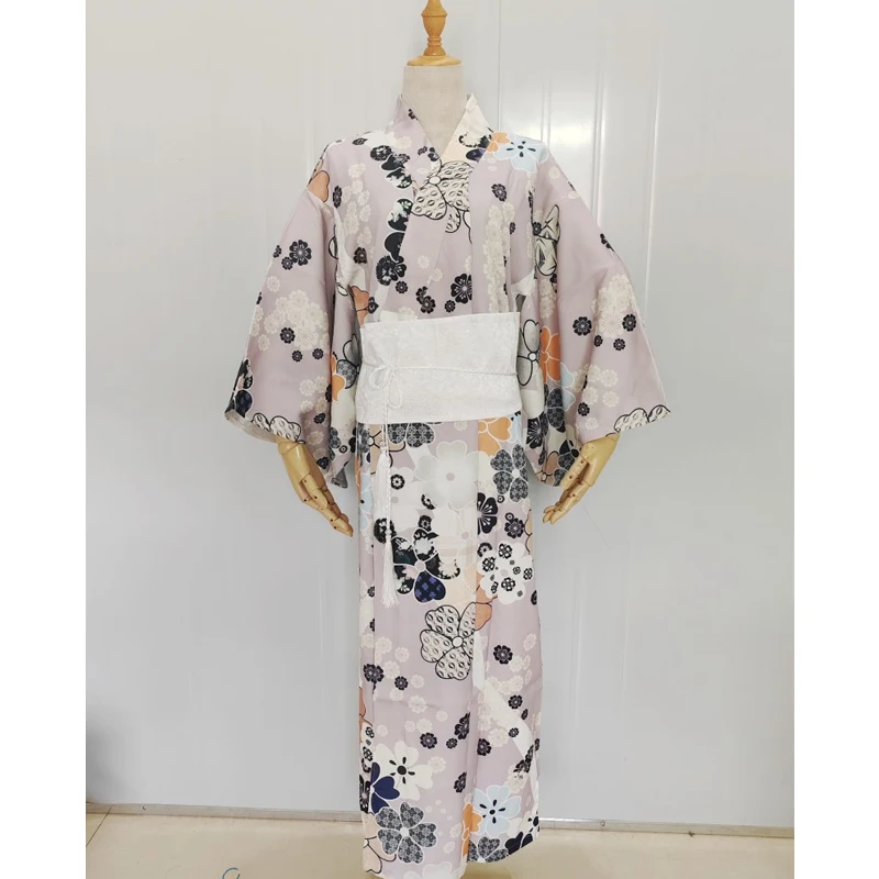 

Japanese Traditional Kimono with Obi Sakura Printed Satin Haori Yukata Gown Dress Japan Uniform Cosplay Costume Bathrobe