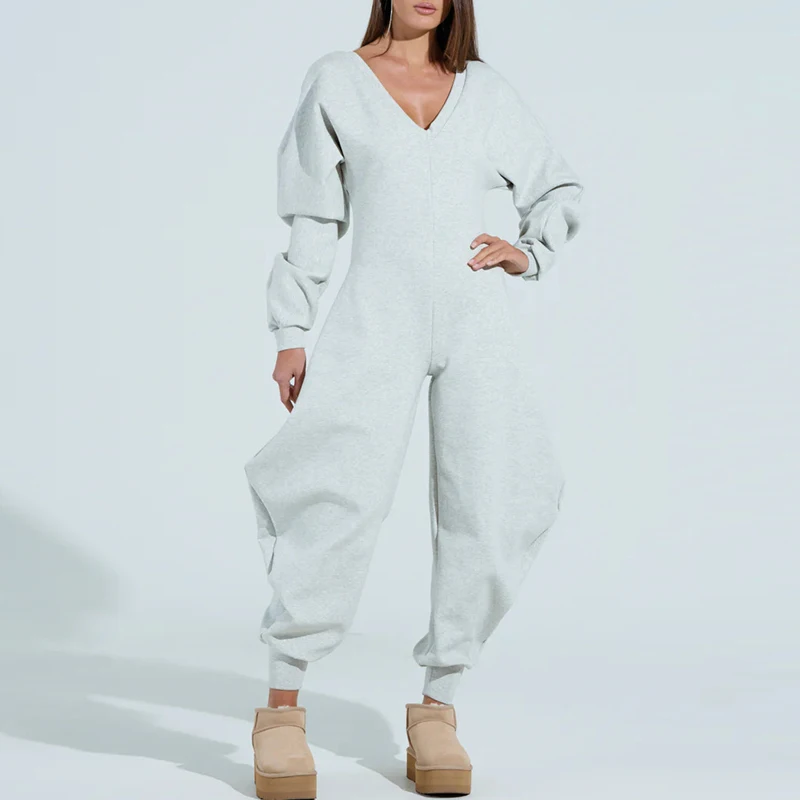 봄 여성 캐주얼 긴팔 롱 롬퍼 여름 우아한 출퇴근 스포츠 플레이수트 섹시한 딥 V넥 하이웨이스트 솔리드 점프수트