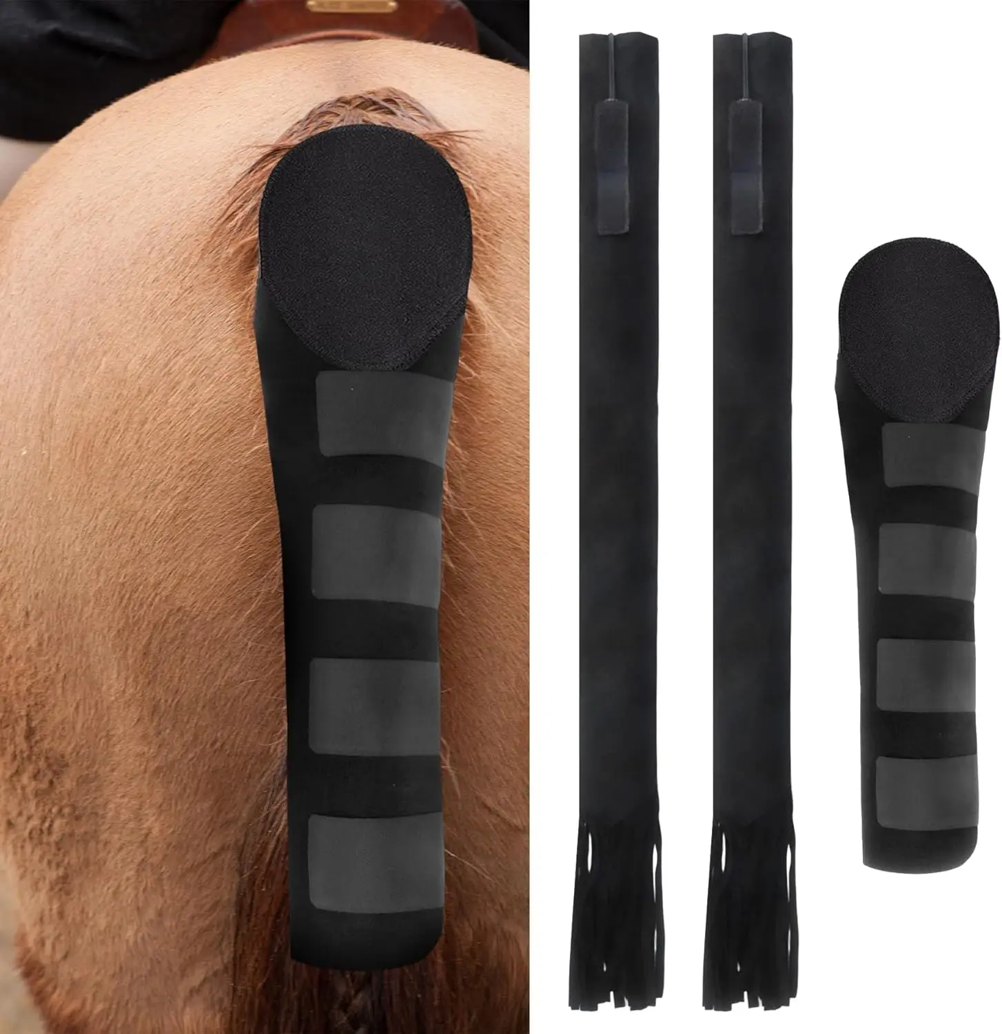 Protector de Cola de Caballo y 2 Bolsas con Flecos, Protector de Cola Ajustable Antideslizante para Remolques, Establos, Exposiciones, Negro