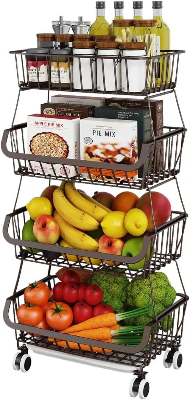 

4-Tier Stackable Metal Wire Basket Cart with Rolling Wheels for Kitchen Storage Organizer