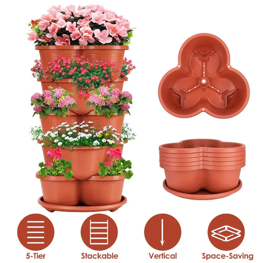 

5 Tier Vertical Stackable Planter Garden Tower Stackable Planter Outdoor Gardening Pots for Strawberries Flowers Herbs Vegetabl