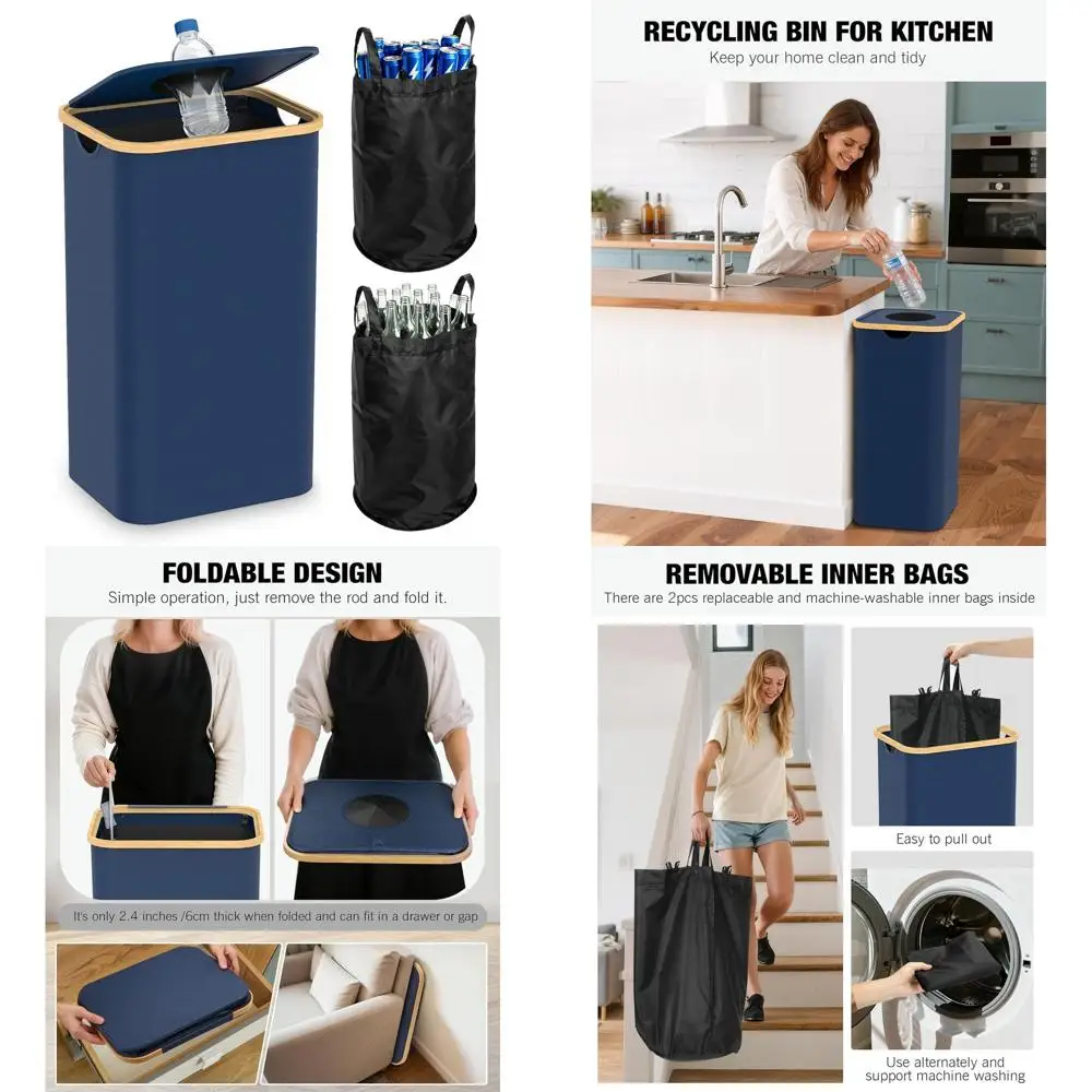 

26 Gallon Kitchen Recycling Bin with Lid, 2-Pack Removable Liners for Bottles, Cans, Glass, Plastics, Blue