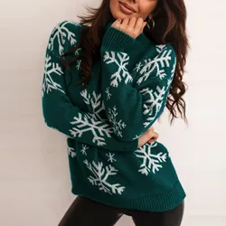 Snowflake Knitted Ugly Sweater Christmas Women Long Sleeve High Collar Casual Pullovers Tops Warm Knitwear Autumn Winter Jumper