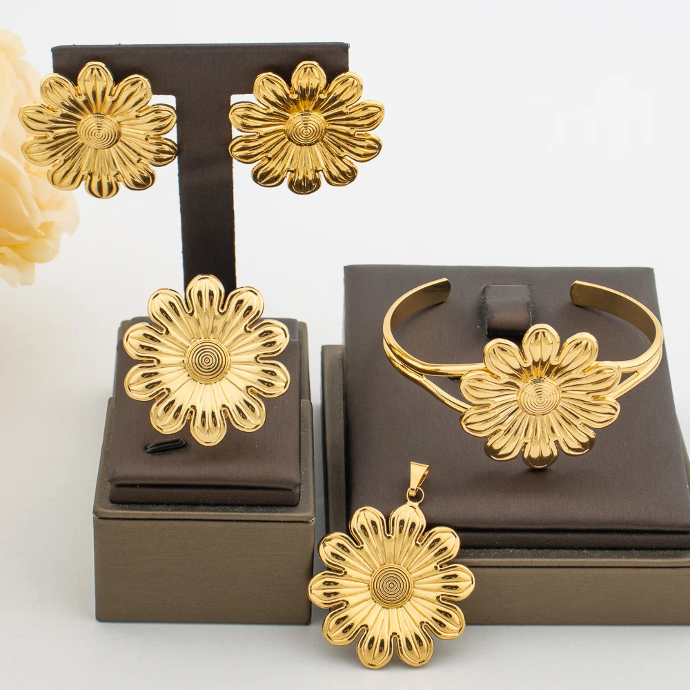 YM Vergoldeter Schmuck setzt Geometrie Anhänger Ohrringe tägliche Manschette Armreifen verstellbarer Ring Dubai Hochzeits feier Geschenke Modeschmuck 5