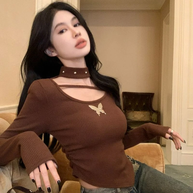 مثير جوفاء التدريجي القوس قصيرة طويلة الأكمام تي شيرت للنساء 2026 الخريف/الشتاء نمط جديد التخسيس تنوعا تصميم قاعدة طبقة علوية #3