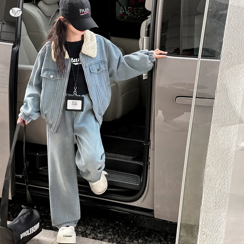 الفتيات الدنيم الزي مجموعة 2025 الشتاء موضة الفراء طوق سترة قصيرة بنطال ذو قصة أرجل واسعة 2-قطعة رشاقته الدافئة في سن المراهقة الاطفال الملابس 6-14 Y