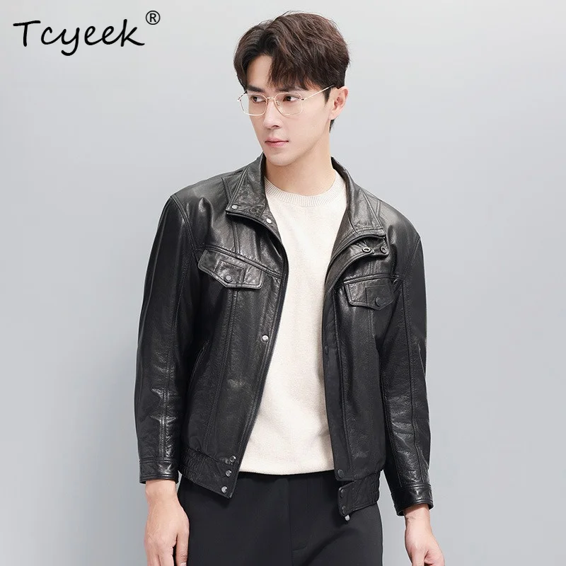 Tcyeek Top Layer Cow Leather Jacket for Men High End Genuine Leather Men's Clothes Versatile Casual Motorcycle Style Jaquetas