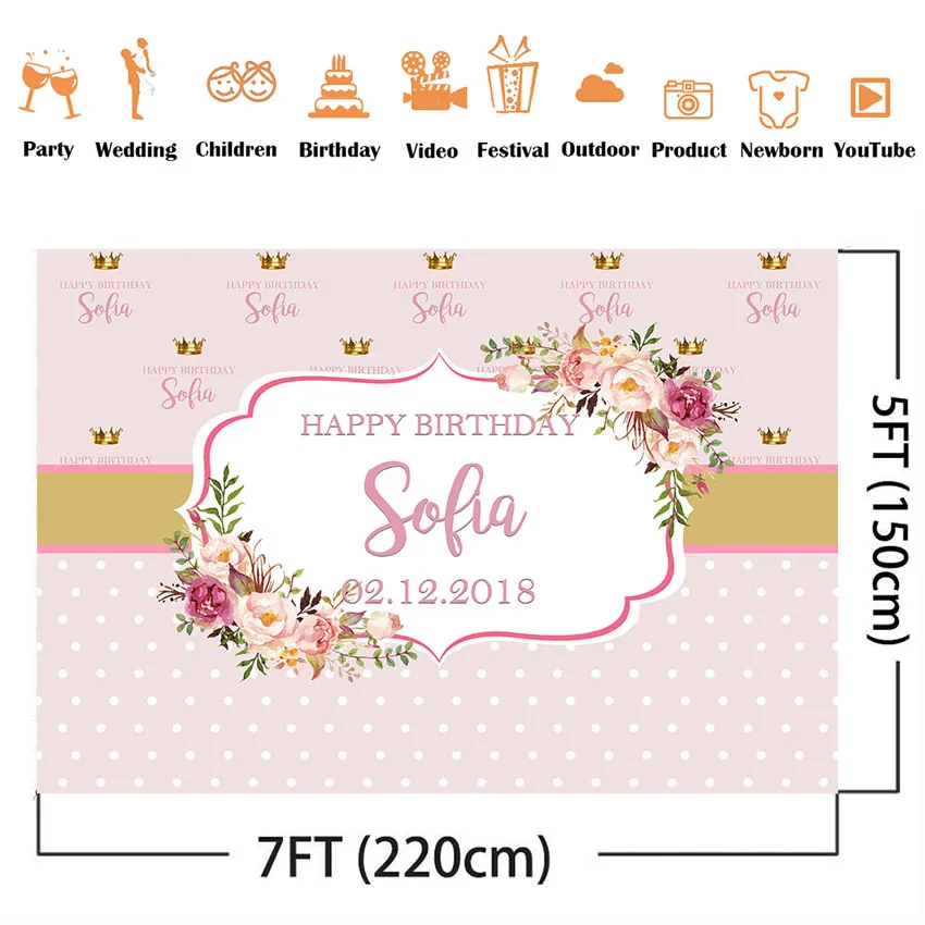 Pink Flower Gold Glitter Photography Backdrop Polka Dots Girls Happy Birthday Backgrounds Photo Floral Photocall Royal Crown