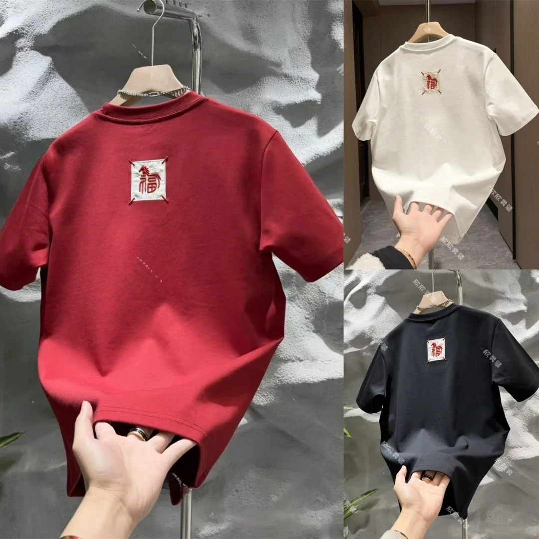 

Loose ex ort Sve T-irt Chinese Zodiac Year Print Inner Wear Casual Summer Cotton Top for Youth Faionable Streetwear