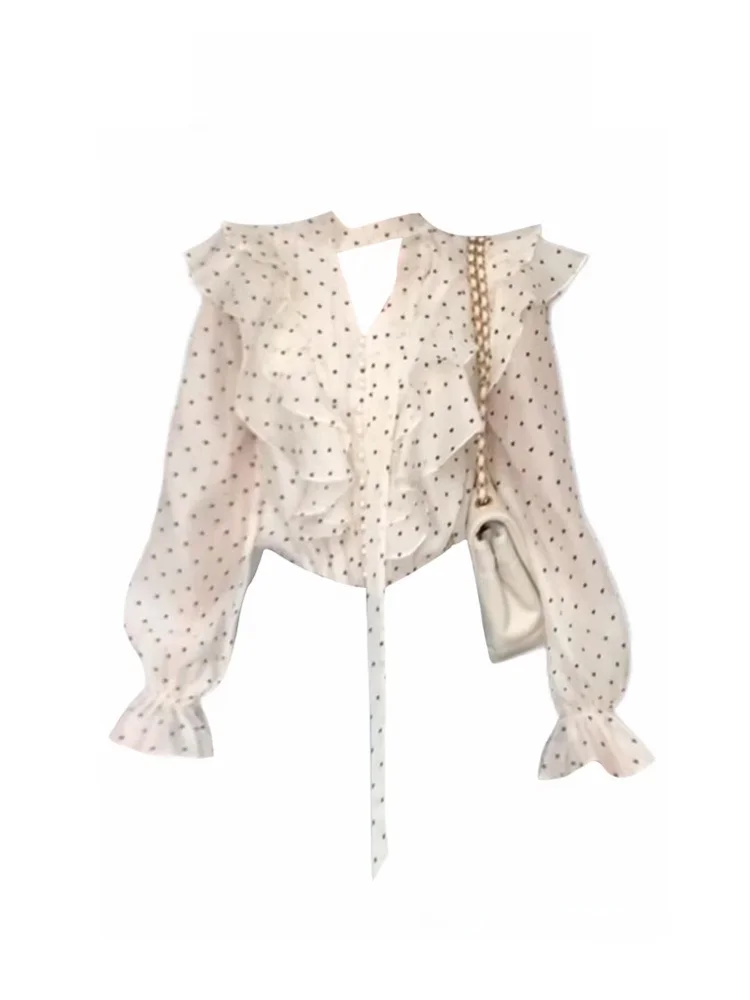 

Женская блузка с длинным рукавом в горошек, весенне-осенняя, с кружевным подолом, завязками в виде сердечек и жемчужными пуговицами, в корейском стиле.