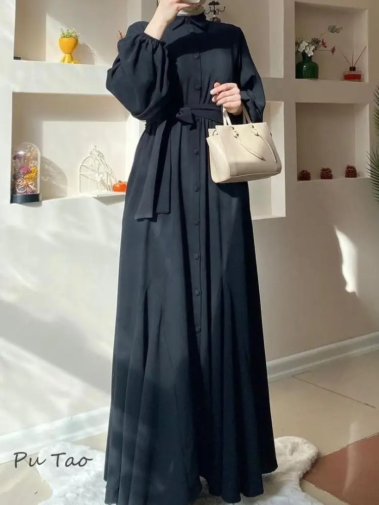 Eid Party Dress for Women Muslim Abaya Ramadan Lace-up Solid Shirt Dresses Vestidos Largo Kaftan Islam Dubai Arab Long Robe 2024