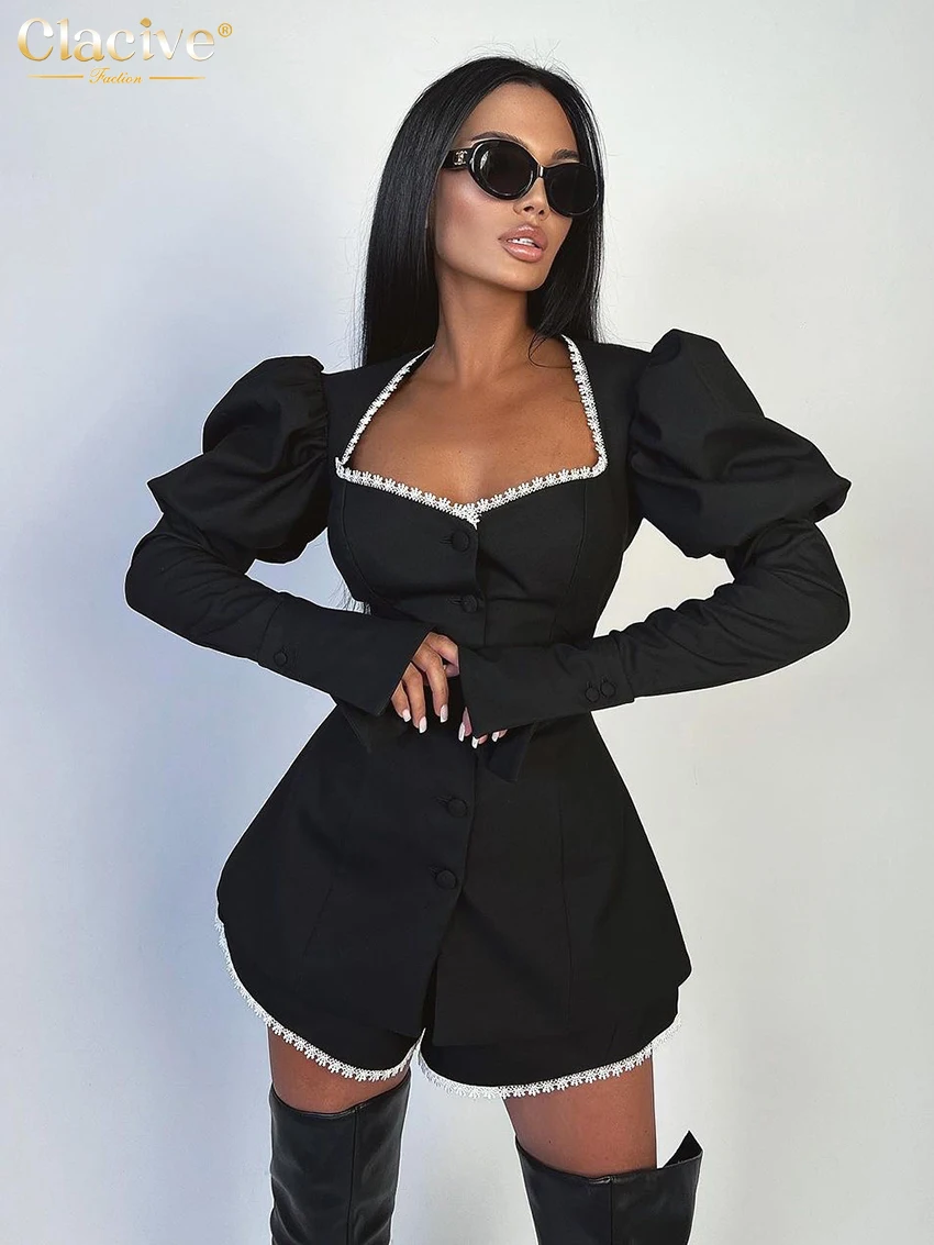 Clacive Bodycon Black Cotton Lace Spliced Shorts Sets For Women 2 Pieces Elegant Long Sleeve Shirt With High Waist Shorts Set