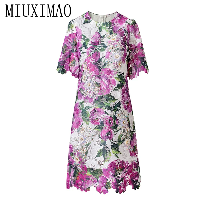 

MIUXIMAO 2026 Fashion Luxury Summer Dresses Purple Flowers Diamonds Dress A-LINE Mini Short Dress Women Vestidos