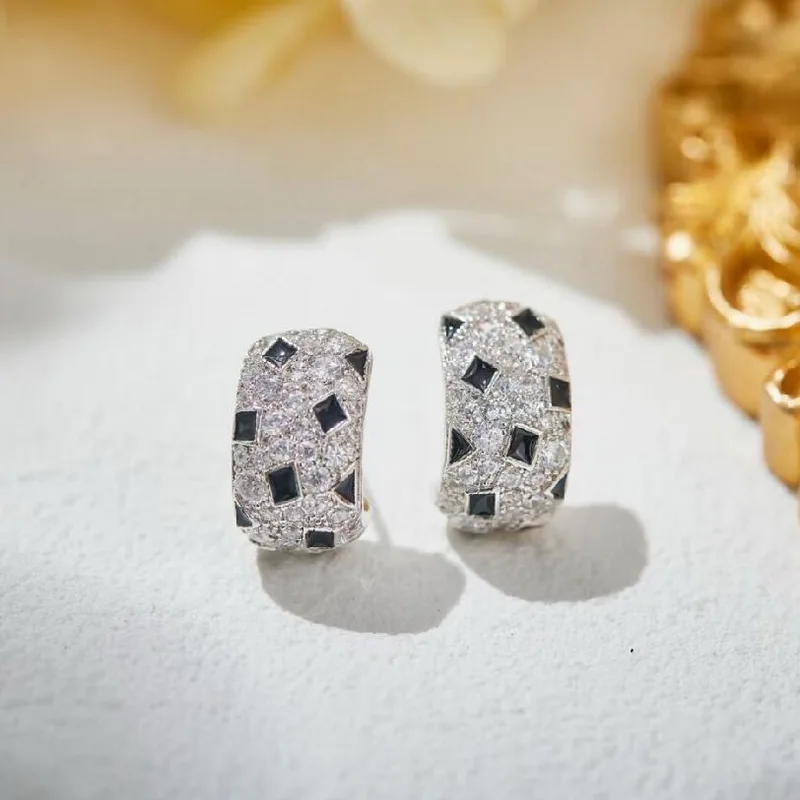 Designer Collection Style Women Lady Setting Cubic Zircon Black Spotted Leopard Print Plated Gold Color Stud Earrings