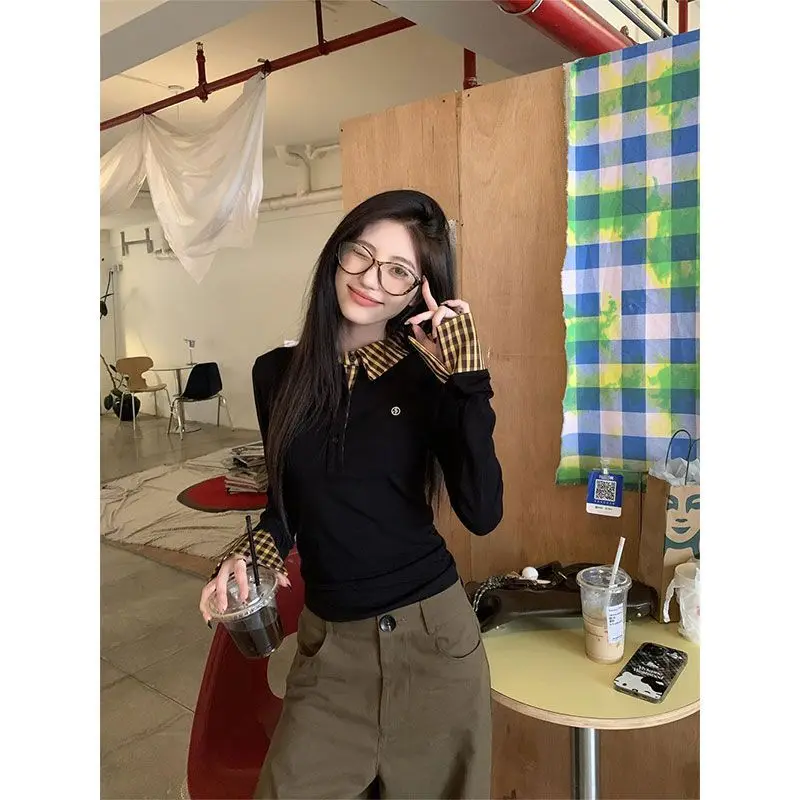 

Американская клетчатая футболка из двух предметов с длинными рукавами и длинными рукавами для женщин, облегающая рубашка с воротником-поло, внутренняя многослойная рубашка, топ