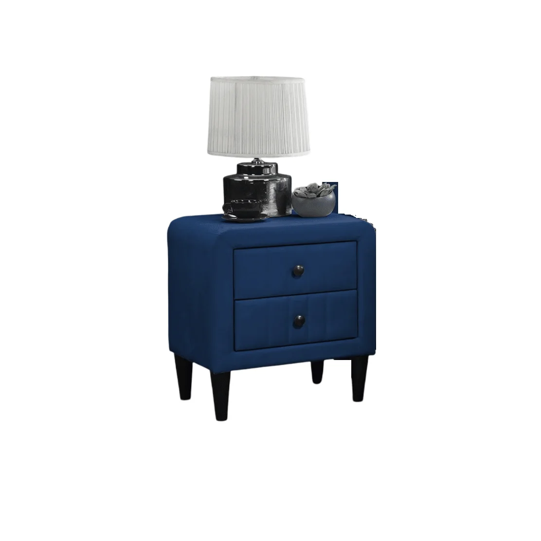 Navy velvet bedside table with stylish design, two drawers and tempered glass legs