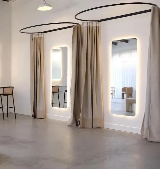 Custom-made white iron frame beige curtains two