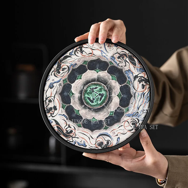 

Dunhuang Mural Tea Tray Circular Chinese Style Dry Foam Trays Household Lotus Tea Tray Teaset Tray Tea Ceremony Accessories
