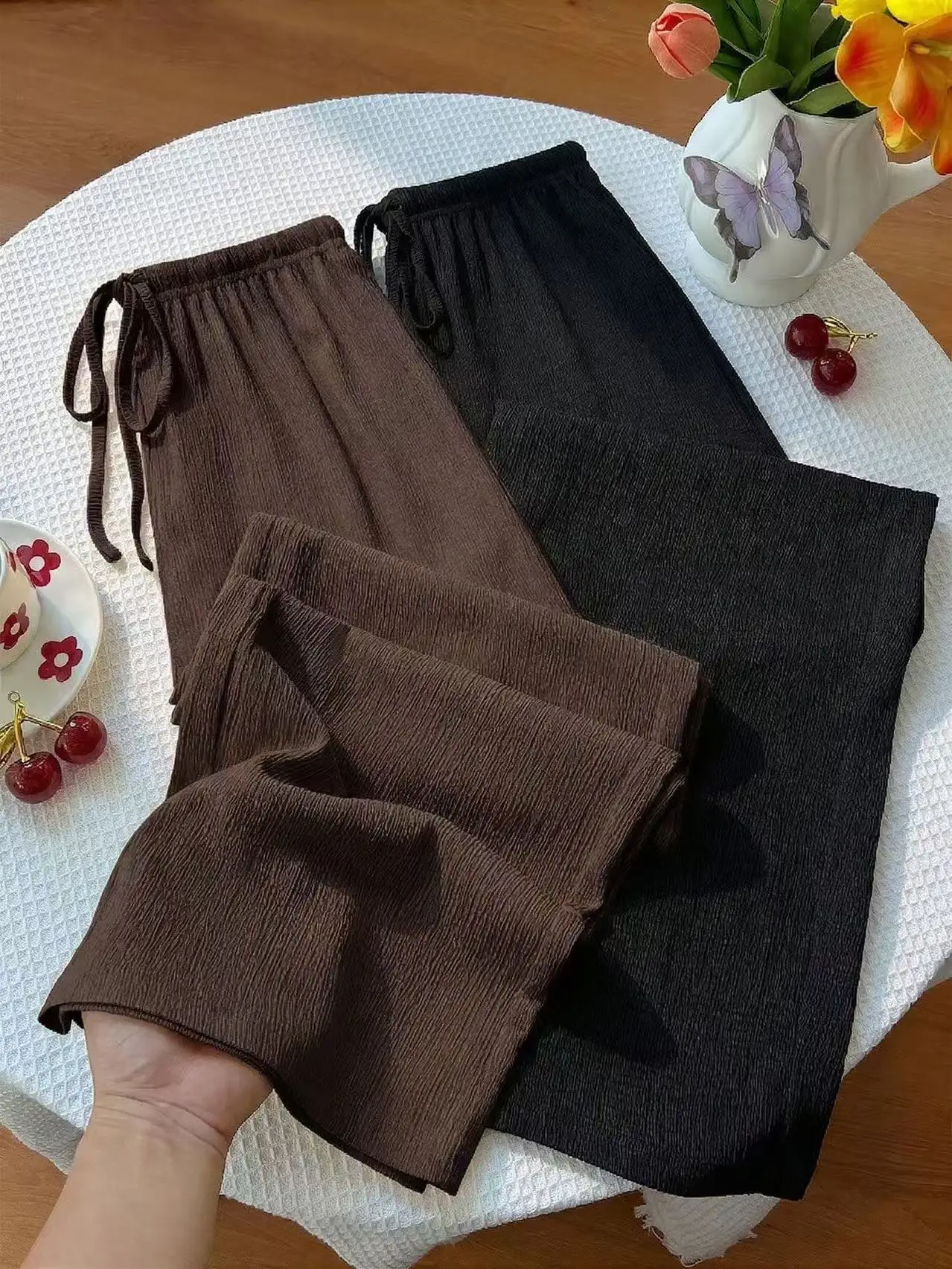 Ladies' Best-Selling Textured Casual Pants, Stretch Waistband Drawstring Wide-Leg Pants, Summer Loose Casual Everyday Straight-L