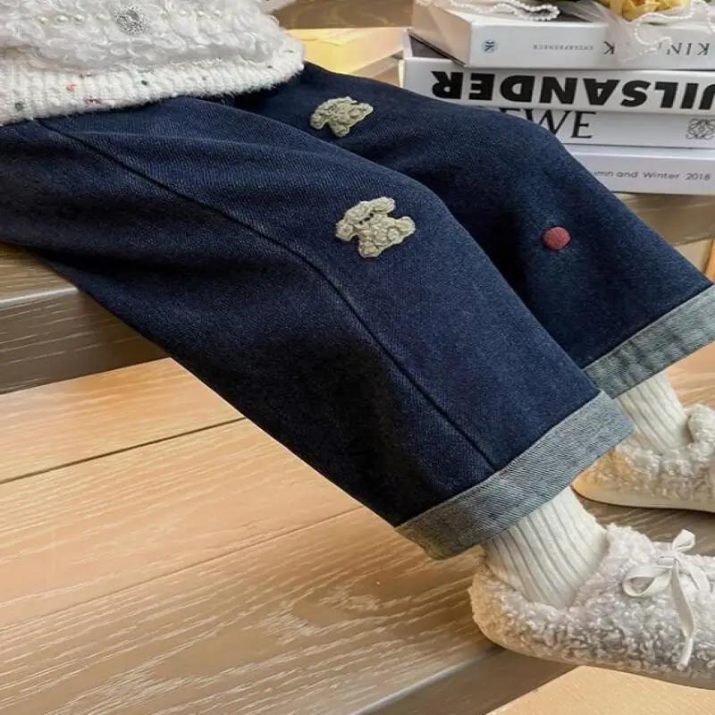 

Осенне-зимние теплые джинсы для девочек, однотонные брюки, прямые брюки с эластичной резинкой на талии, удобная детская одежда для детей 4-8 лет