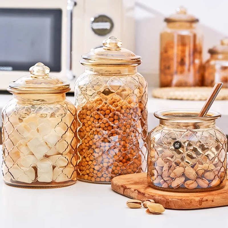 Amber Striped Glass Jar with Lid, Candy Jar, Kitchen Food, Coffee Beans, Tea, Glass Container, Household Sealed Storage Bottle