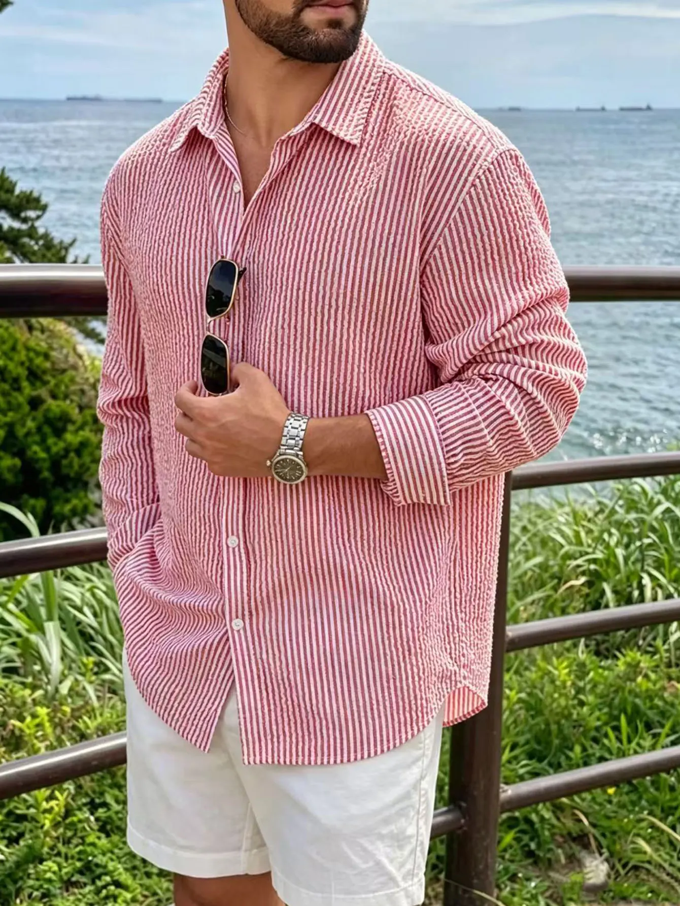 Herren Langarm-Streifenhemd mit Lockerem Schnitt Stilvolle Bequeme Freizeitkleidung für Alle Jahreszeiten Ideal für Outdoor-Aktivitäten – Detail 31