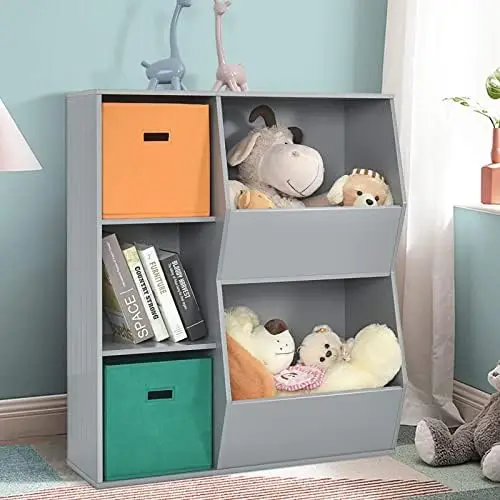 

5 Cubbies Toy Organizer with Bookcase, Children Bookshelf and Toy Bins for Toddlers, Wooden Cabinet for Play Room Living Roo