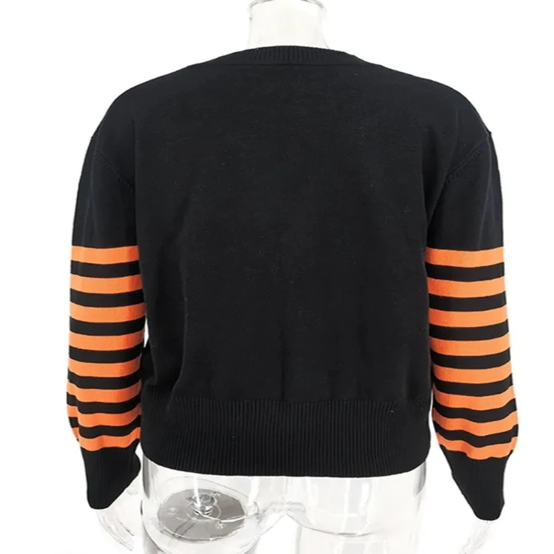 

Yangelo Halloween Gothic Pumpkin Printed Pattern Patchwork Pullover Knitted Sweater Women Punk Grunge Long Sleeve Warm Sweater
