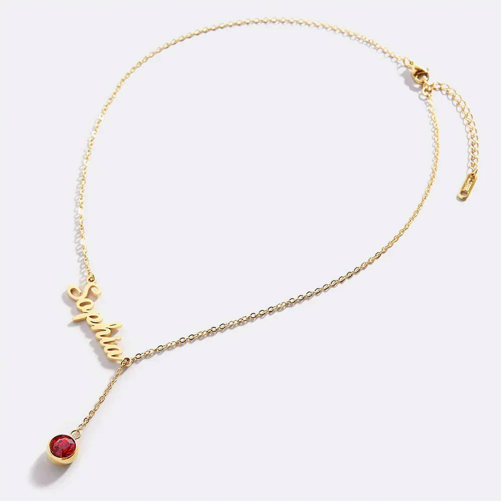 Personalized Script Name Necklace with Birthstone Custom Stainless Steel Lariat Jewelry Elegant Birthday Gift for Her Women