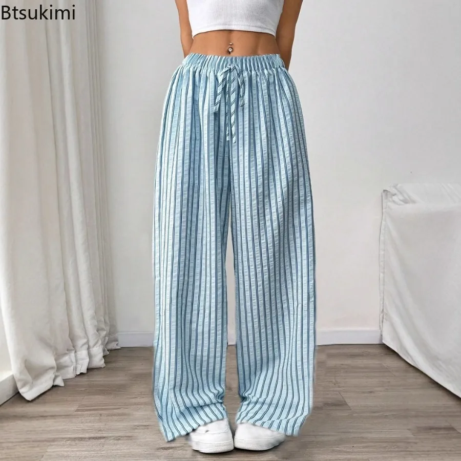 

Women's Fashion Comfortable Striped Drawstring Casual Pants Loose Stretch Mid Waist Straight Pants Versatile Trousers Female New